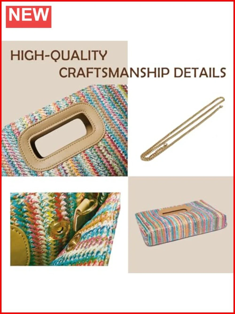Faux Wicker Raffia Clutch Purse with Crossbody Strap for Women